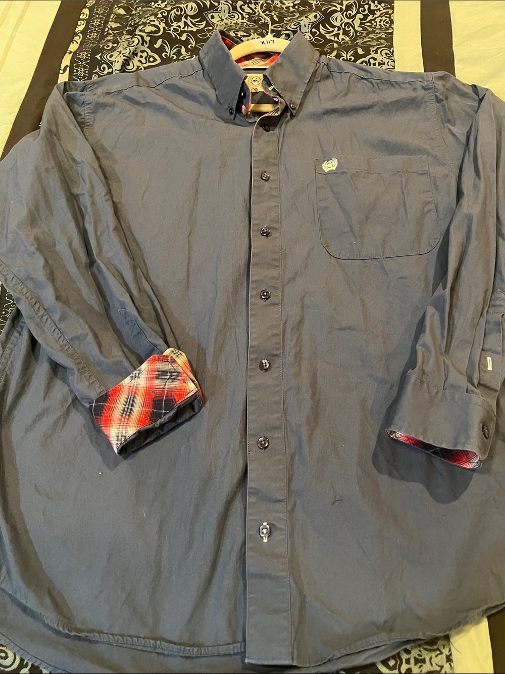 CINCH Men's Navy Blue Button-Down Jacket with Plaid Trim